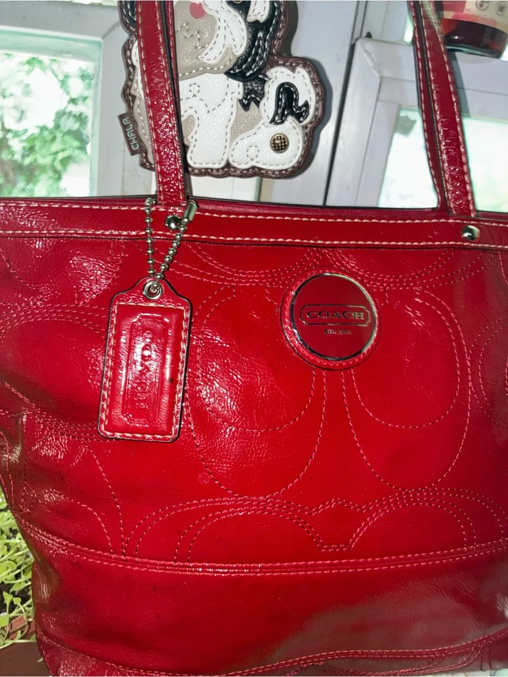 Coach Red Signature Embossed Leather Tote